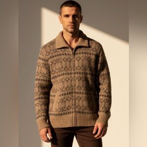 Vintage Sears The Men's Store Tan and Brown Zip-Up Sweater Pure Virgin Wool